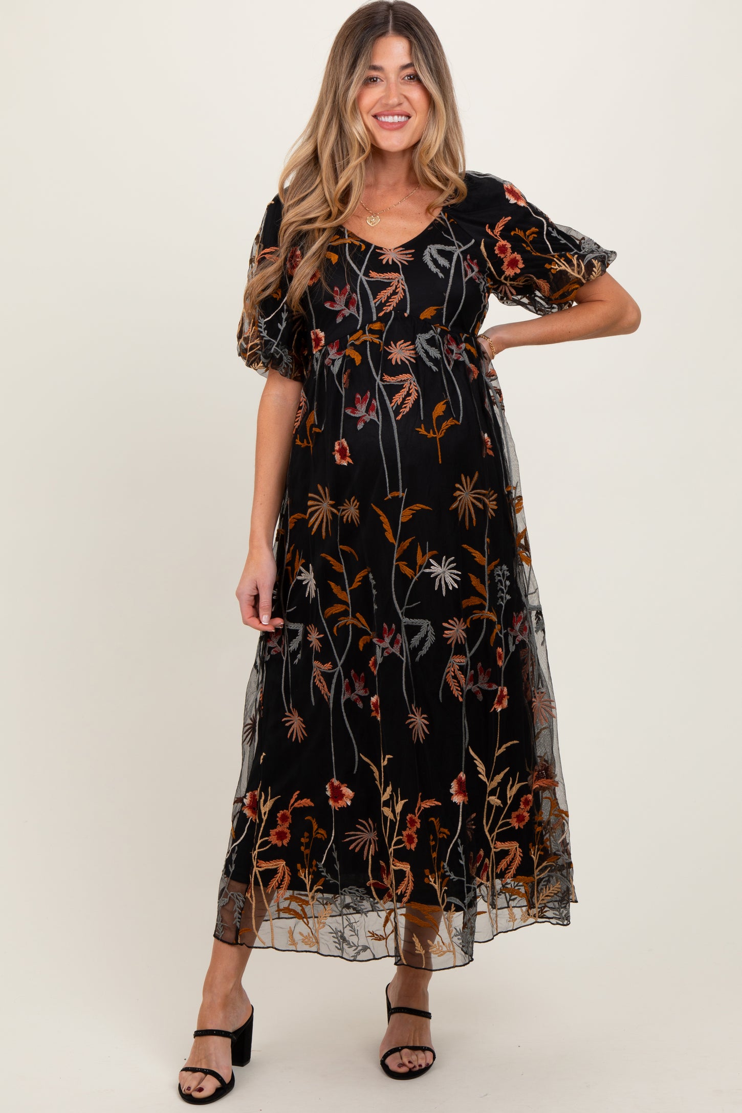 Black Embroidered Floral Mesh Overlay Maternity Midi Dress