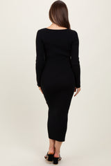 Black Henley Ribbed Maternity Midi Sweater Dress
