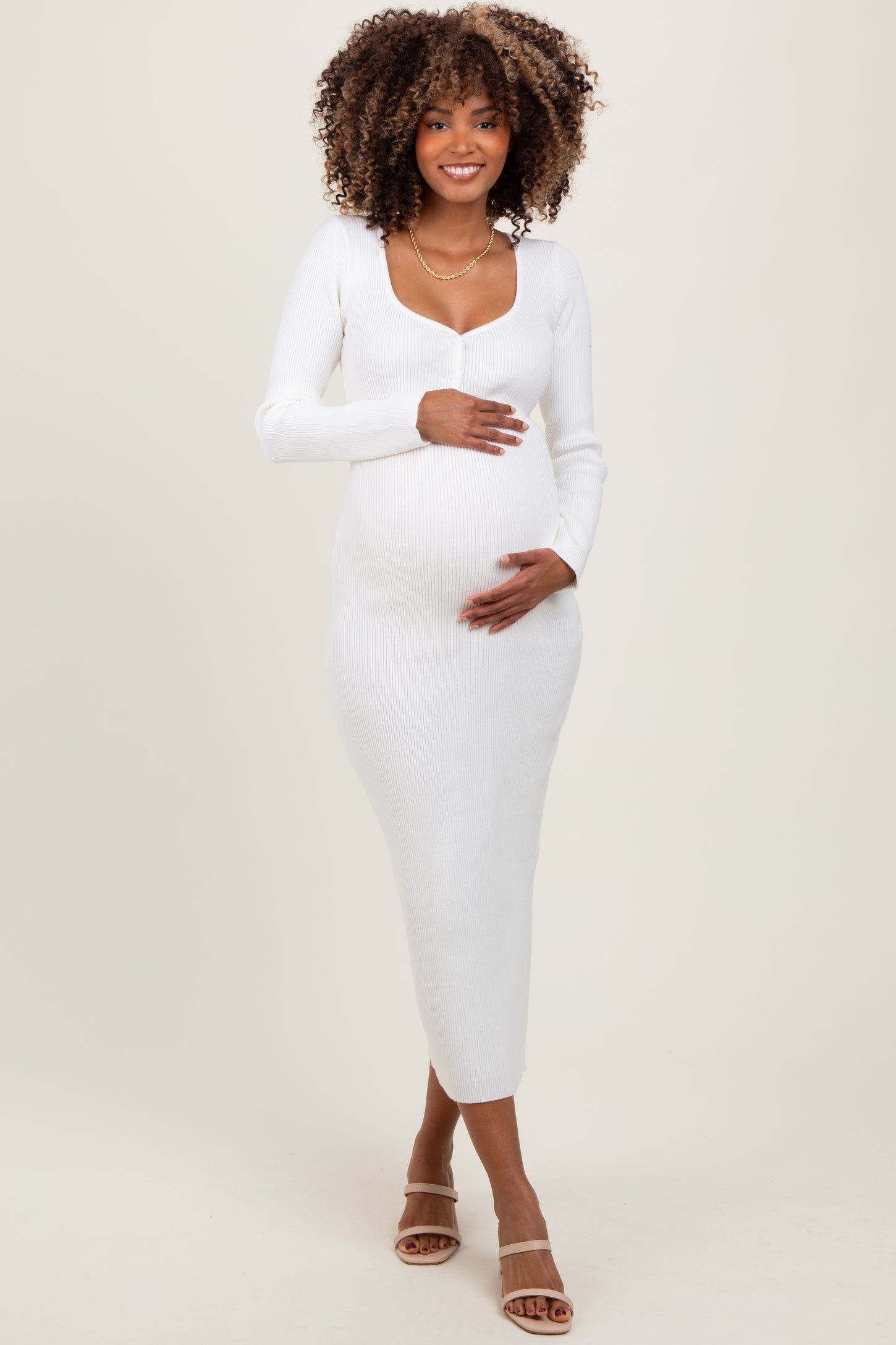 maternity long sleeve henley midi dress Women's Split Maternity Dress Long Sleeve Henley Collar Button Bodycon Ribbed Knit Pregnancy