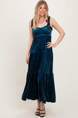 Deep Teal Velvet Smocked Satin Shoulder Tie Maternity Maxi Dress