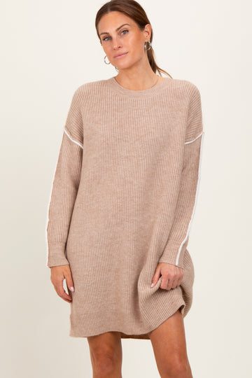 Beige Turtleneck Colorblock Contrast Trim Sweater Dress
