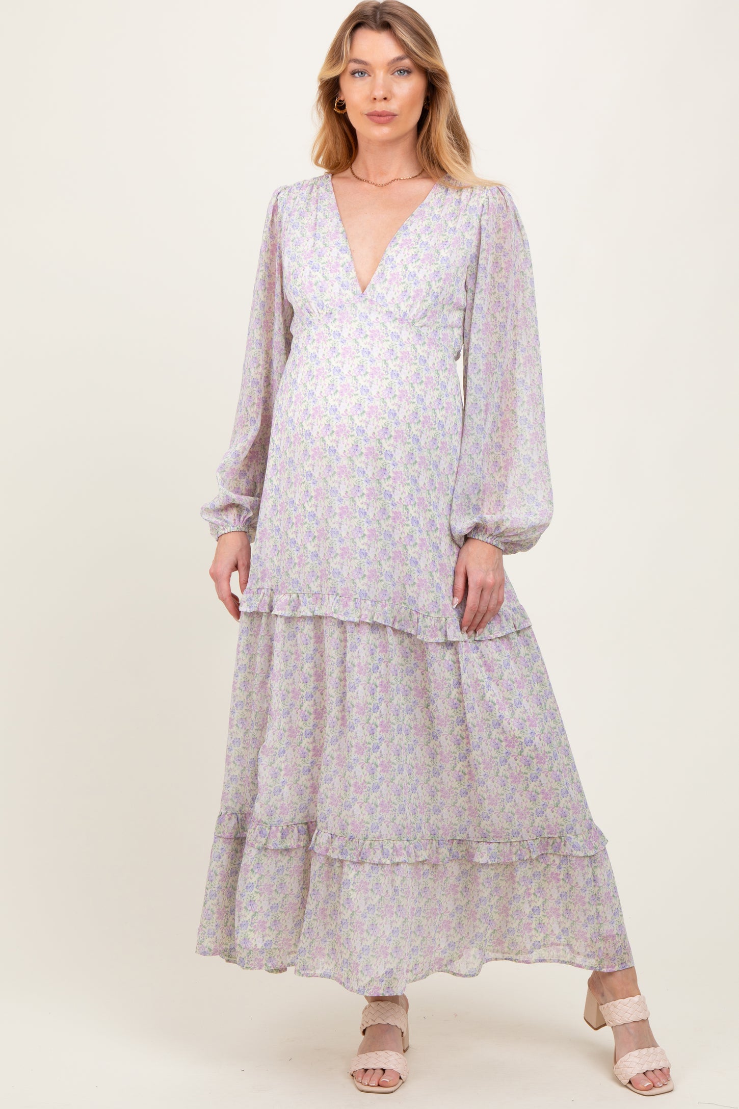 Ivory Floral Chiffon V-Neck Ruffle Tiered Maternity Maxi Dress