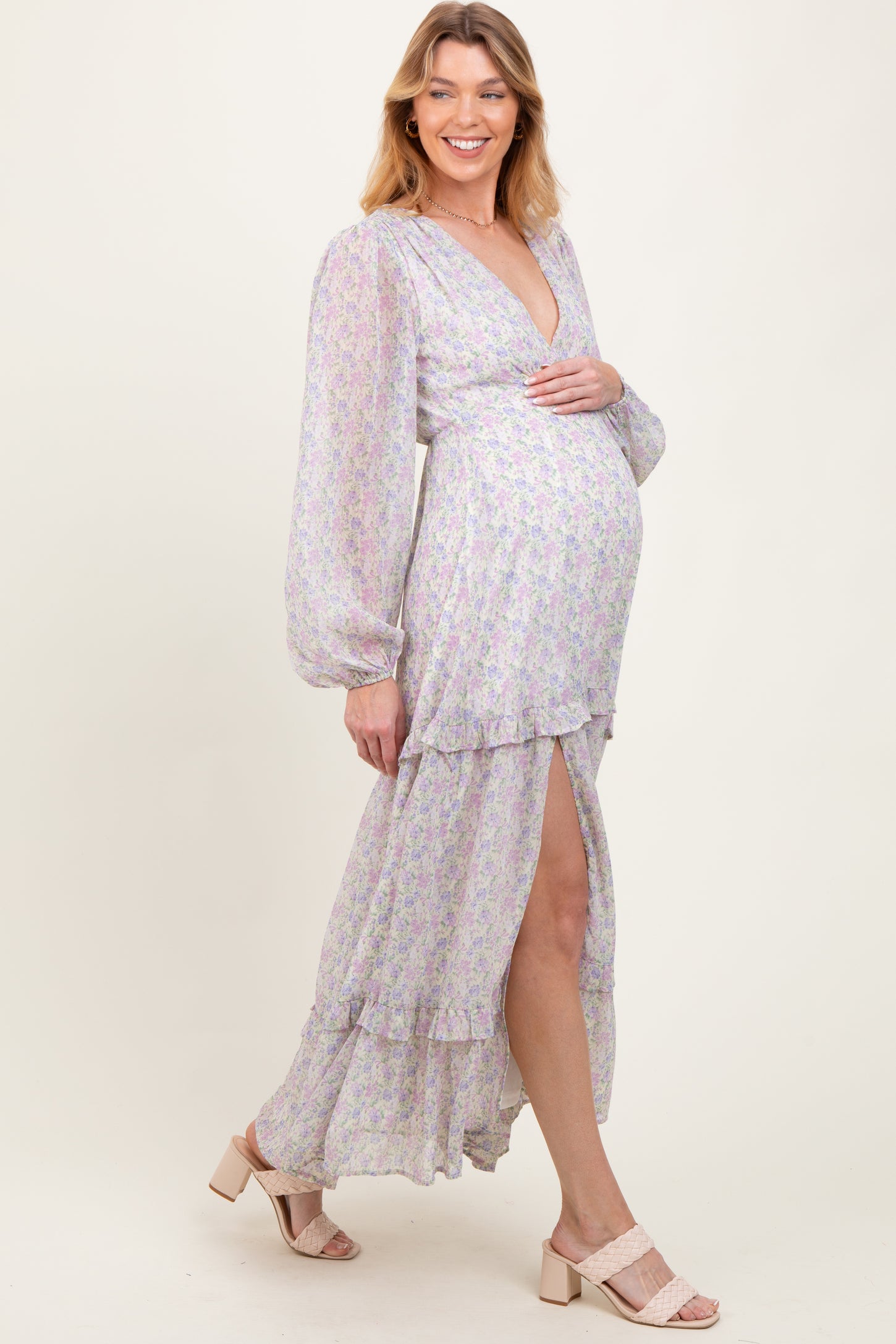Ivory Floral Chiffon V-Neck Ruffle Tiered Maternity Maxi Dress