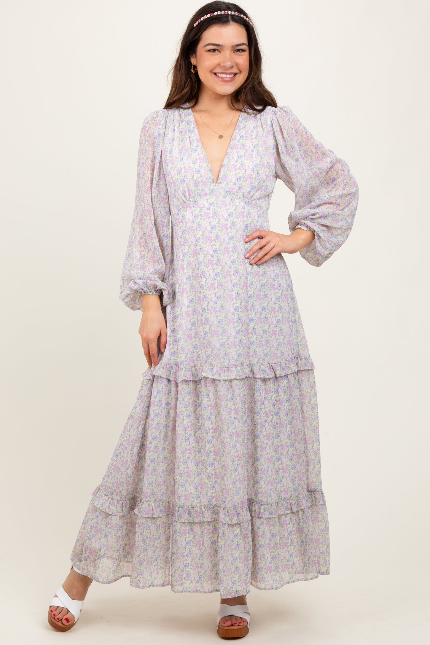 Ivory Floral Chiffon V-Neck Ruffle Tiered Maternity Maxi Dress