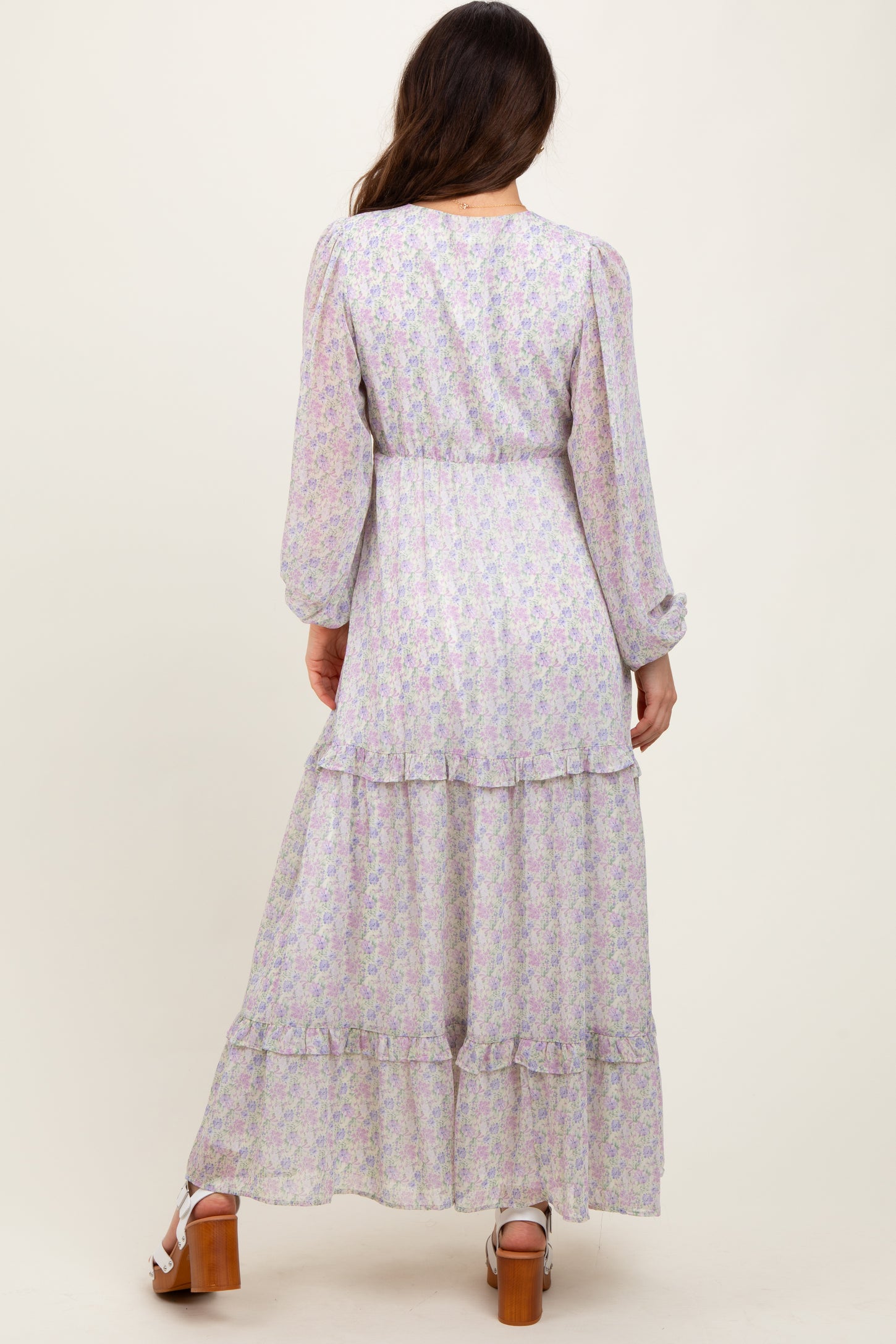 Ivory Floral Chiffon V-Neck Ruffle Tiered Maxi Dress