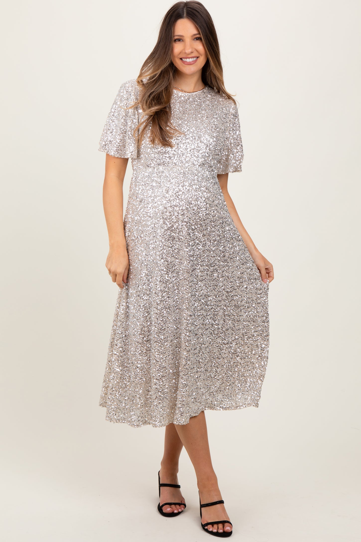 silver sequin maternity dress Tiffany Rose Mia Maternity Gown Silver