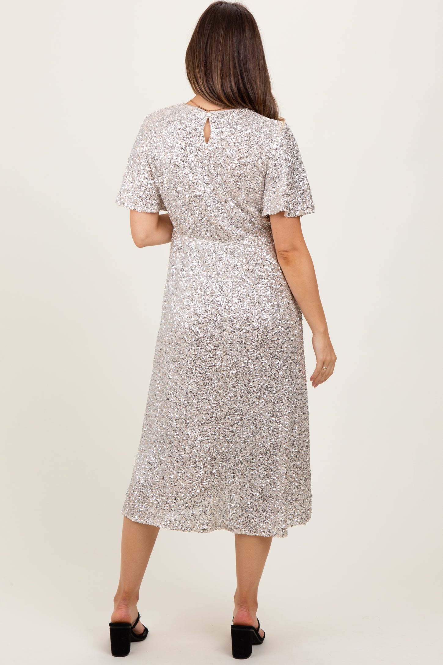 Gold Sequin Short Sleeve Maternity Midi Dress PinkBlush Gold Sequin Short Sleeve Maternity Midi Dress PinkBlush