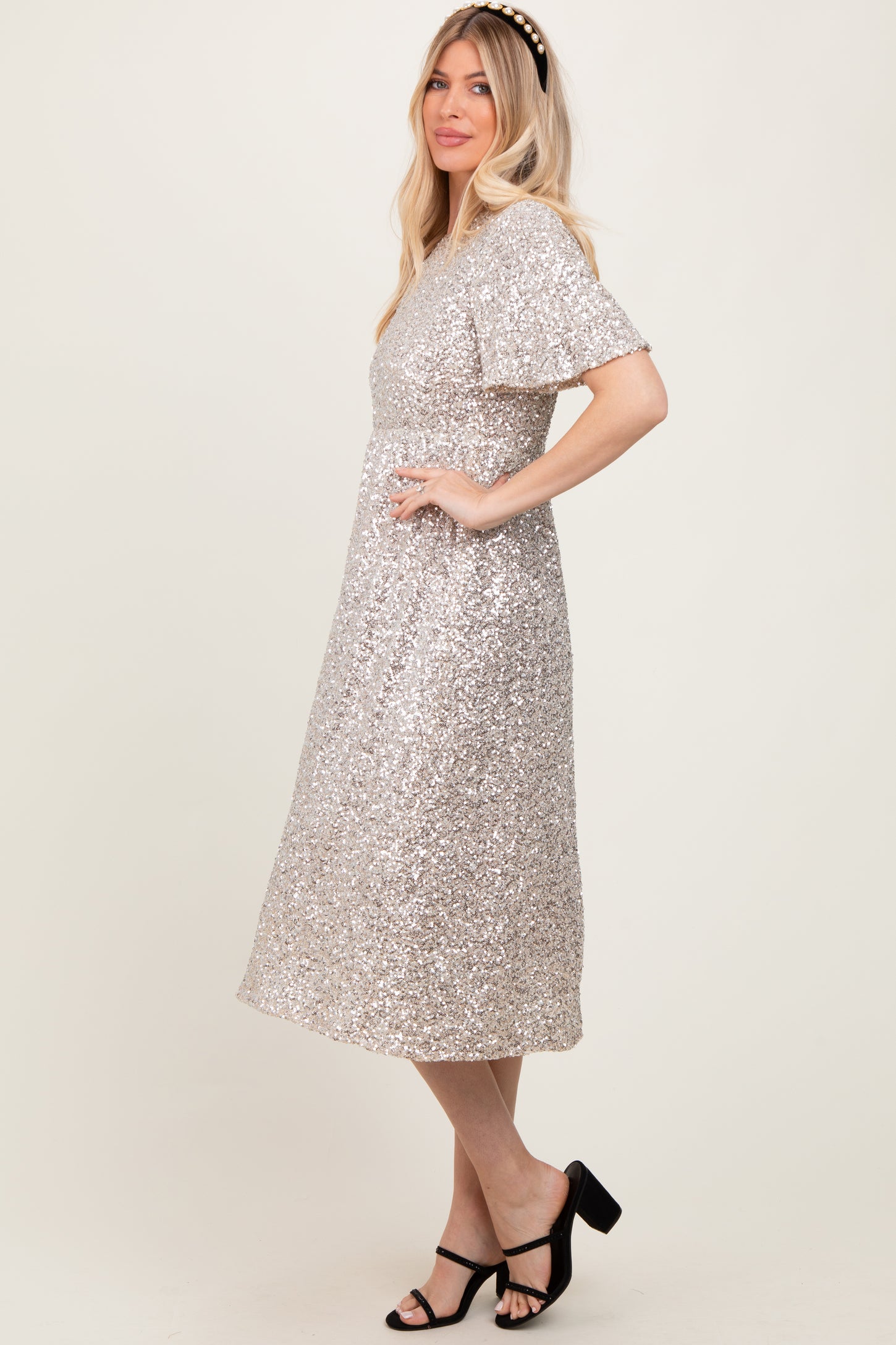 Gold Sequin Short Sleeve Midi Dress