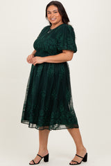 Forest Green Floral Embroidered Mesh Overlay Smocked Plus Midi Dress