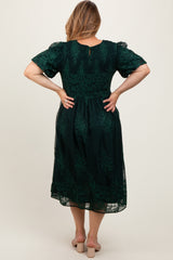 Forest Green Floral Embroidered Mesh Overlay Smocked Maternity Plus Midi Dress