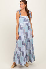 Blue Patchwork Print Shoulder Tie Tiered Maxi Dress