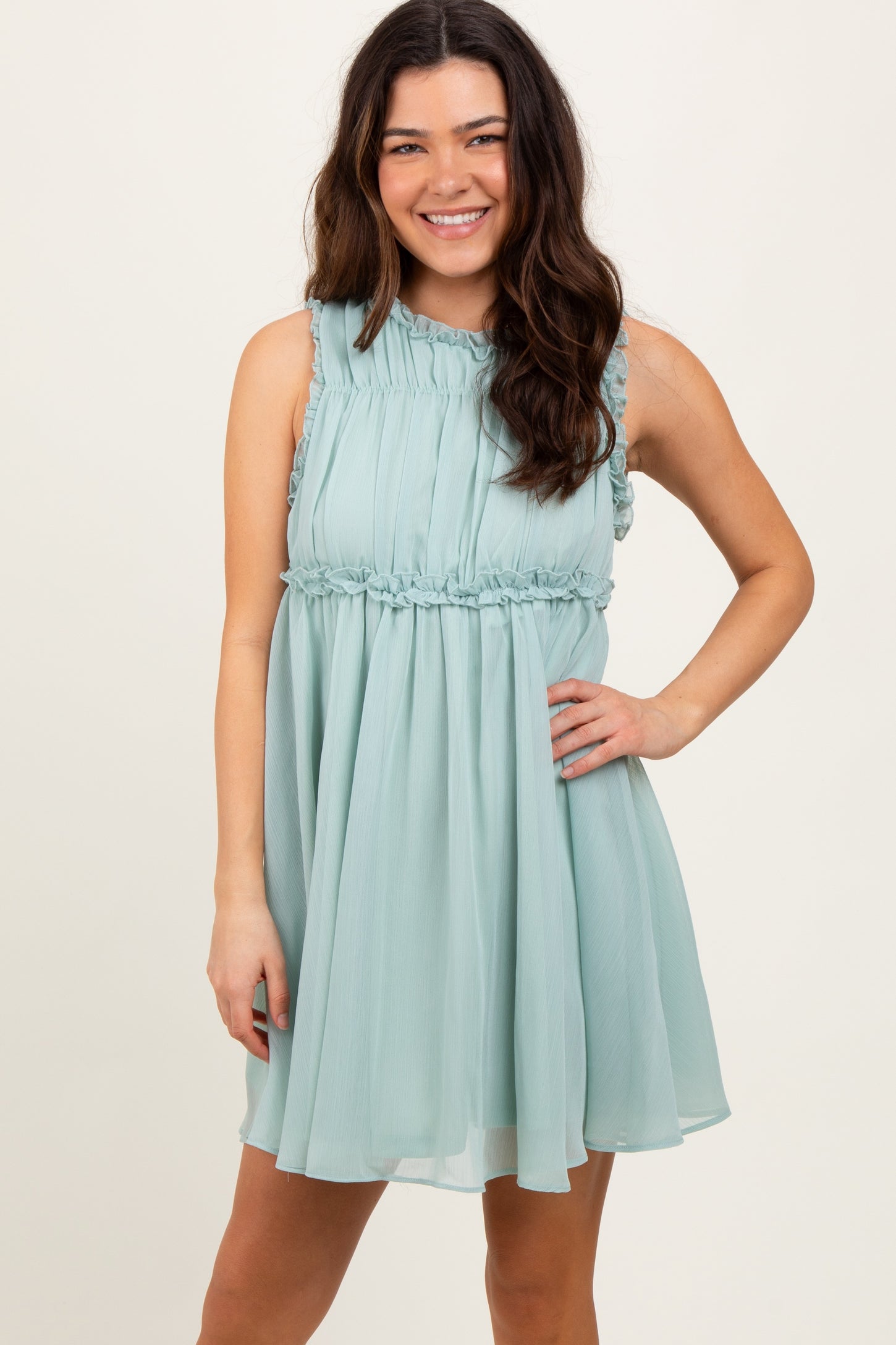 Light Olive Ruffle Detail Sleeveless Maternity Mini Dress