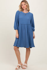 Blue Knit Ruffle Trim Dress
