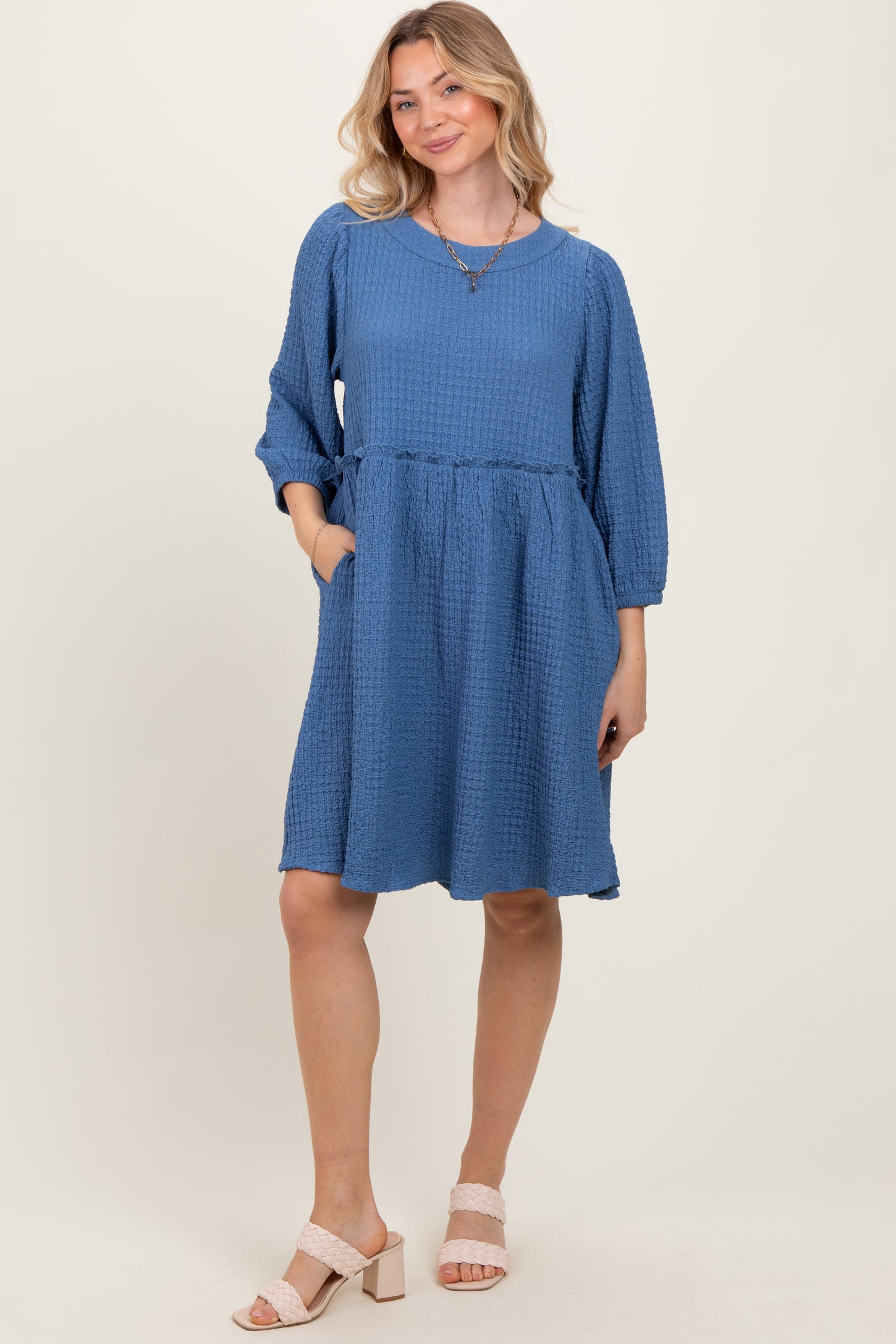 Blue Knit Ruffle Trim Dress