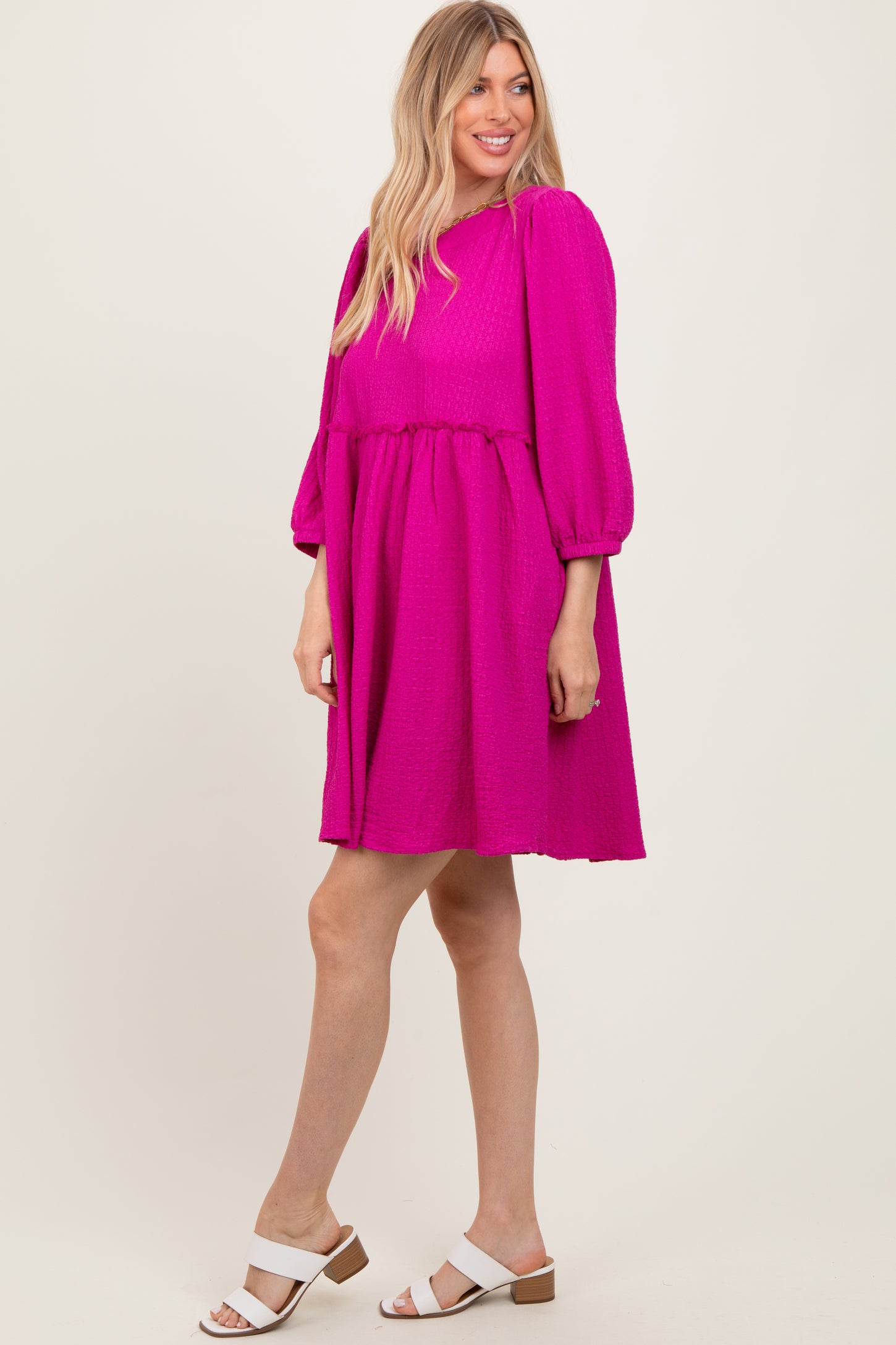 Magenta Knit Ruffle Trim Dress