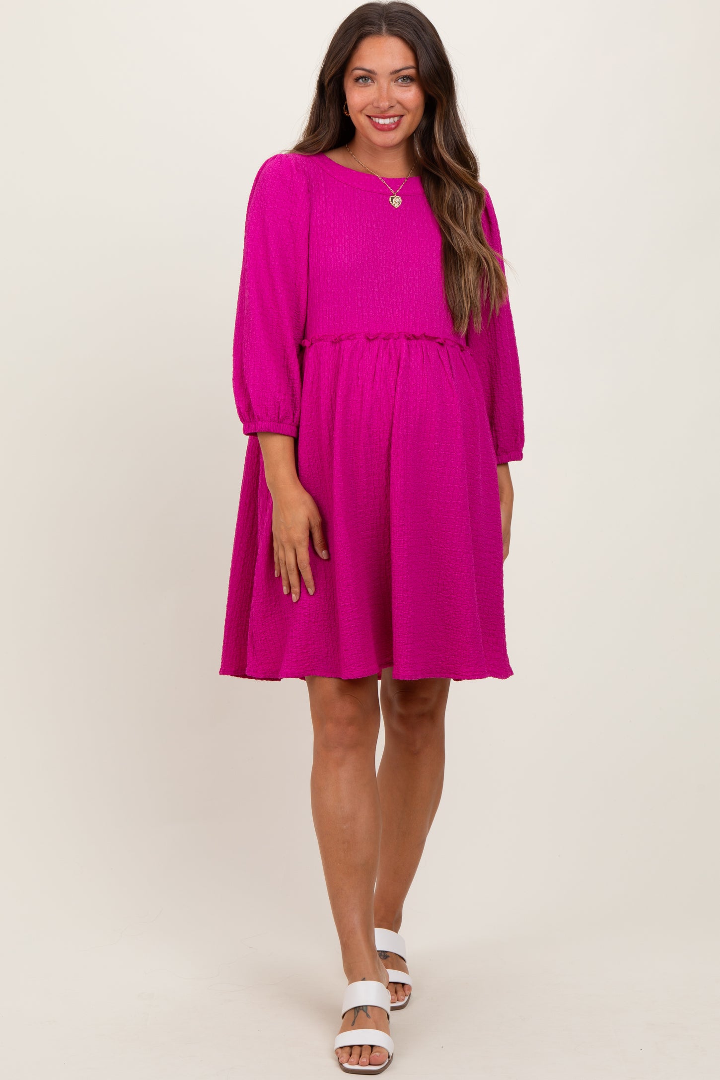 Magenta Knit Ruffle Trim Maternity Dress