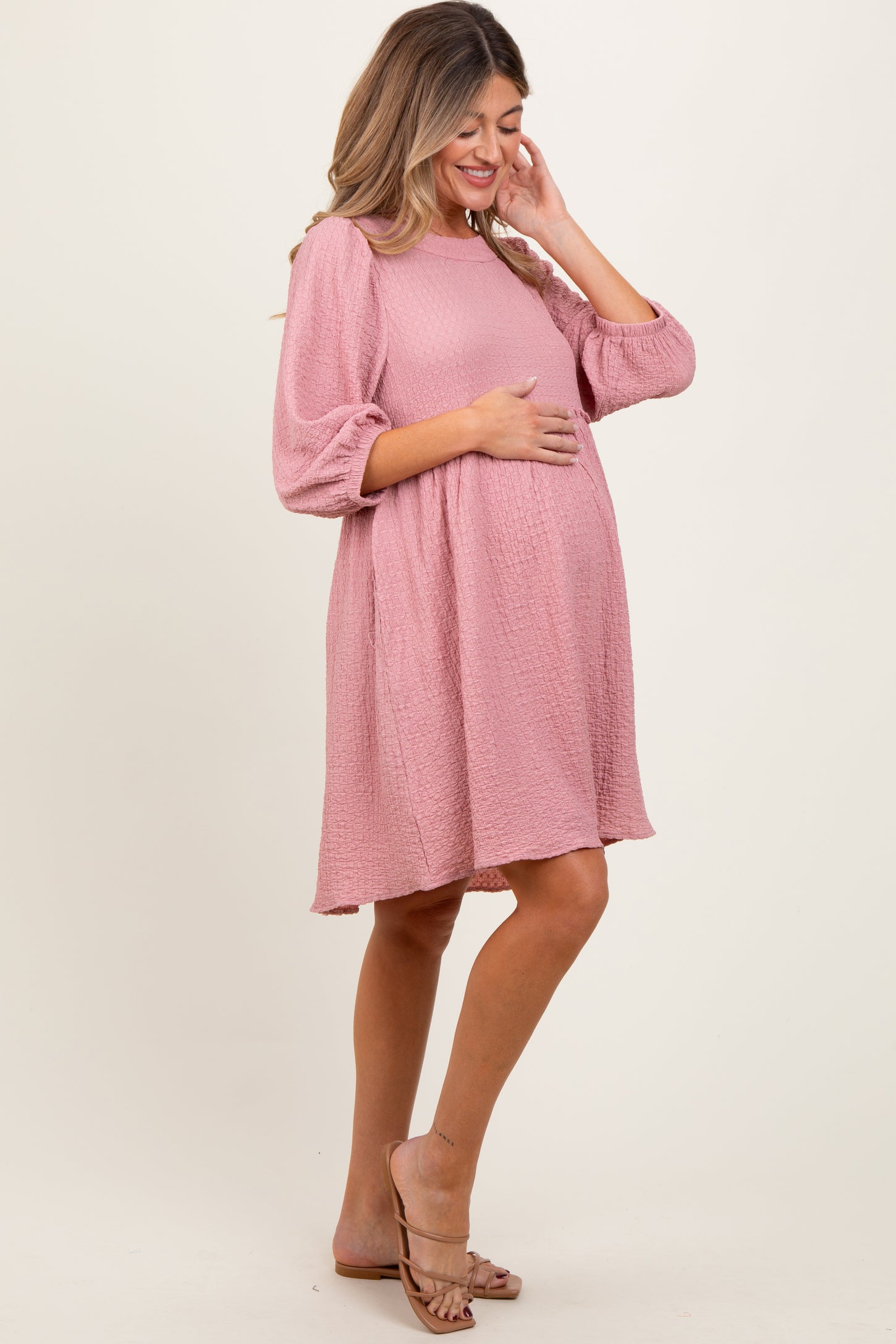 Mauve Knit Ruffle Trim Maternity Dress