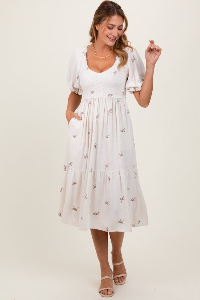 Cream Ribbon Print Smocked Maternity Midi Dress