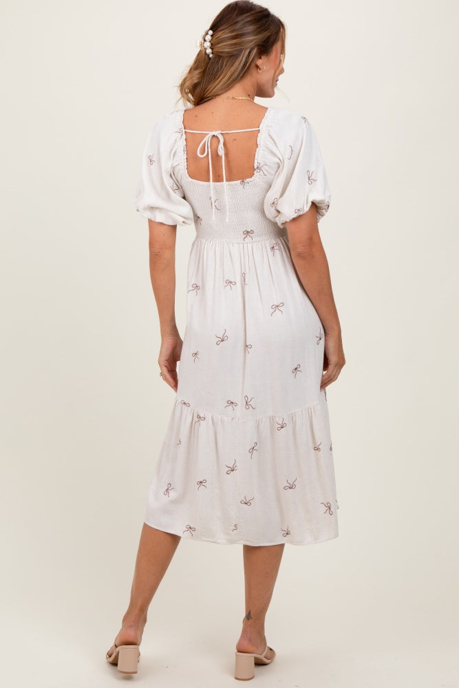 Cream Ribbon Print Smocked Midi Dress