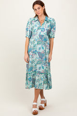 Aqua Paisley Collared Ruffle Hem Maternity Midi Dress