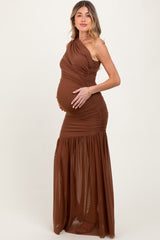 Mocha Ruched Mesh One Shoulder Maternity Maxi Dress