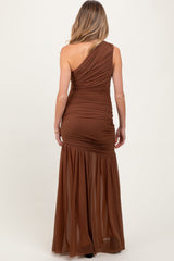 Mocha Ruched Mesh One Shoulder Maternity Maxi Dress
