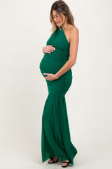 Forest Green Ruched Mesh One Shoulder Maternity Maxi Dress