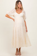 Ivory Embroidered Floral Overlay Maternity Midi Dress