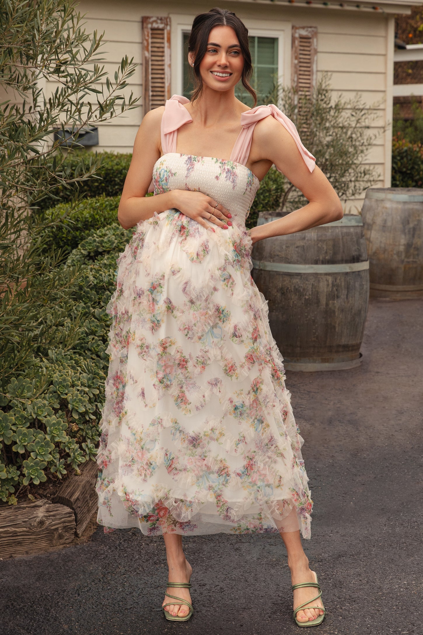 Cream Floral Smocked Shoulder Tie Ruffled Maternity Midi Dress