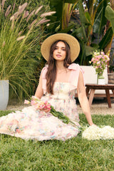 Cream Floral Smocked Shoulder Tie Ruffled Maternity Midi Dress