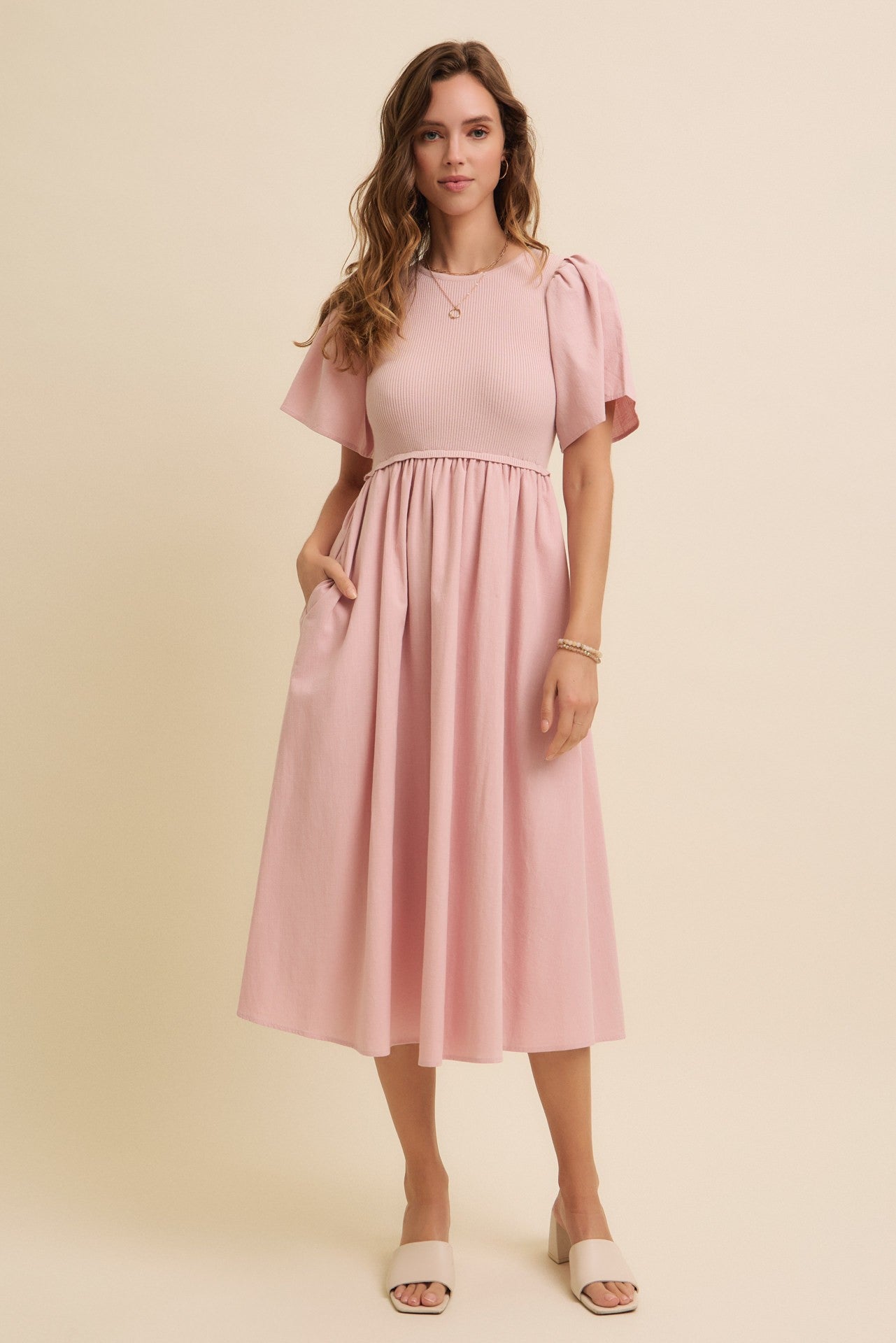 Pink Ribbed Knit Contrast Top Maternity Midi Dress