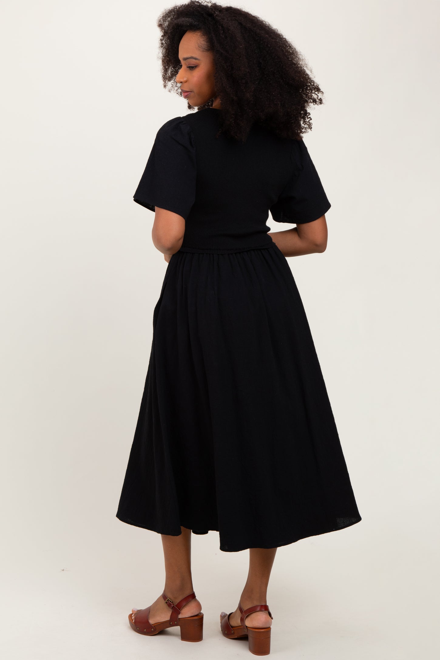 Black Ribbed Knit Contrast Top Midi Dress