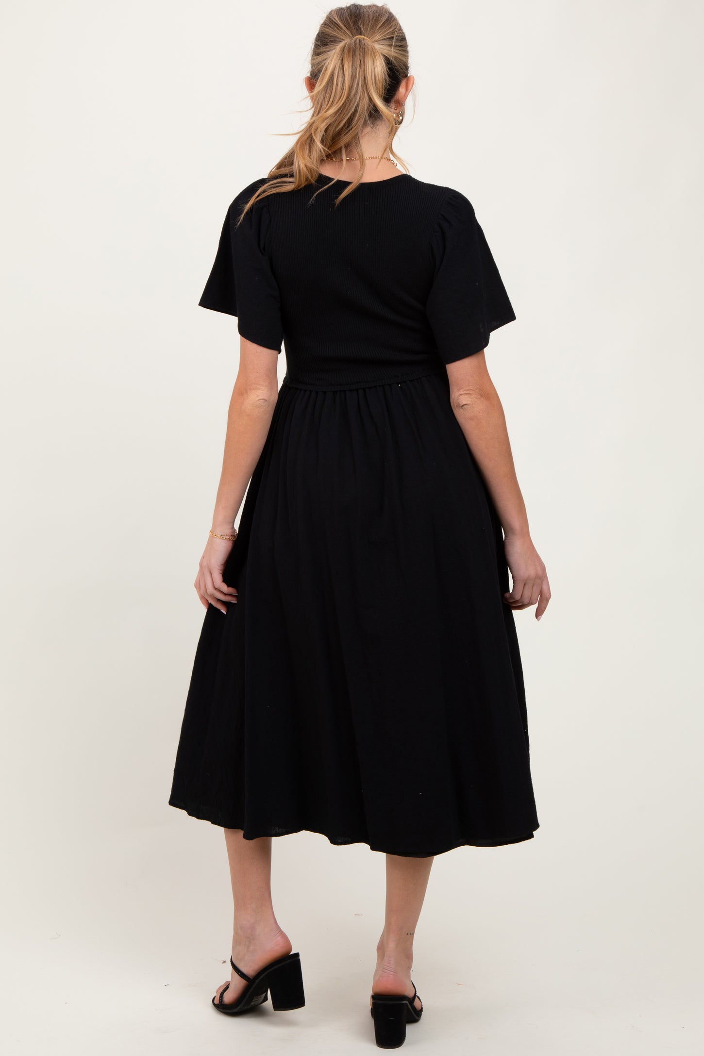 Black Ribbed Knit Contrast Top Maternity Midi Dress