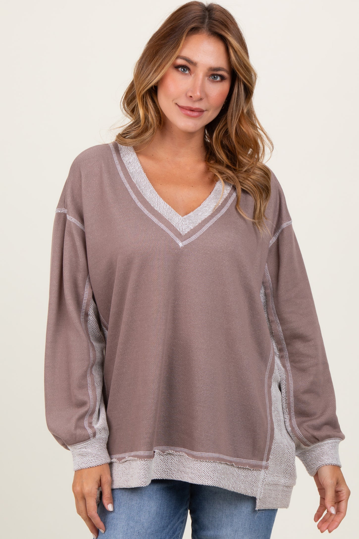 Mocha Contrast French Terry Maternity Long Sleeve Top