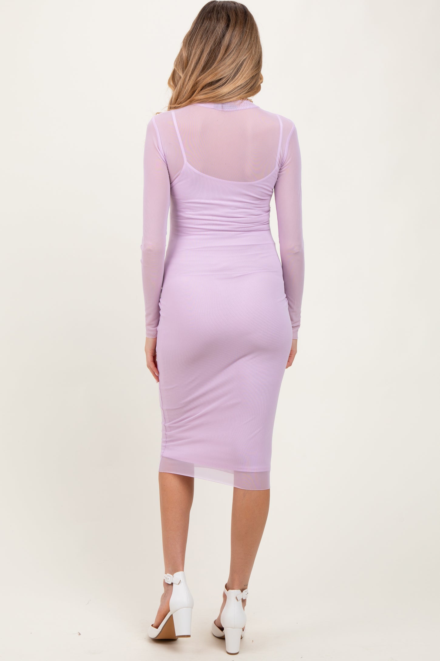 Lavender Mesh Overlay Fitted Maternity Midi Dress