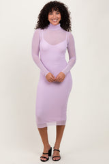 Lavender Mesh Overlay Fitted Maternity Midi Dress