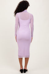 Lavender Mesh Overlay Fitted Midi Dress