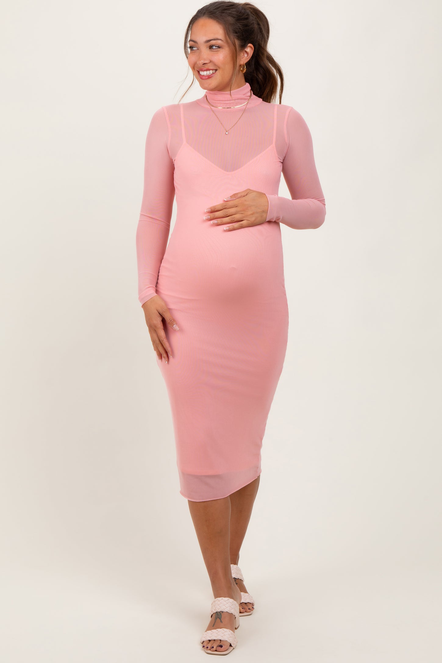 Coral Mesh Overlay Fitted Maternity Midi Dress
