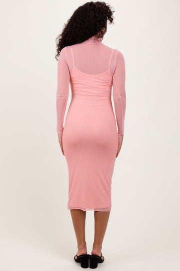 Coral Mesh Overlay Fitted Midi Dress