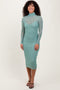 Light Olive Mesh Overlay Fitted Midi Dress