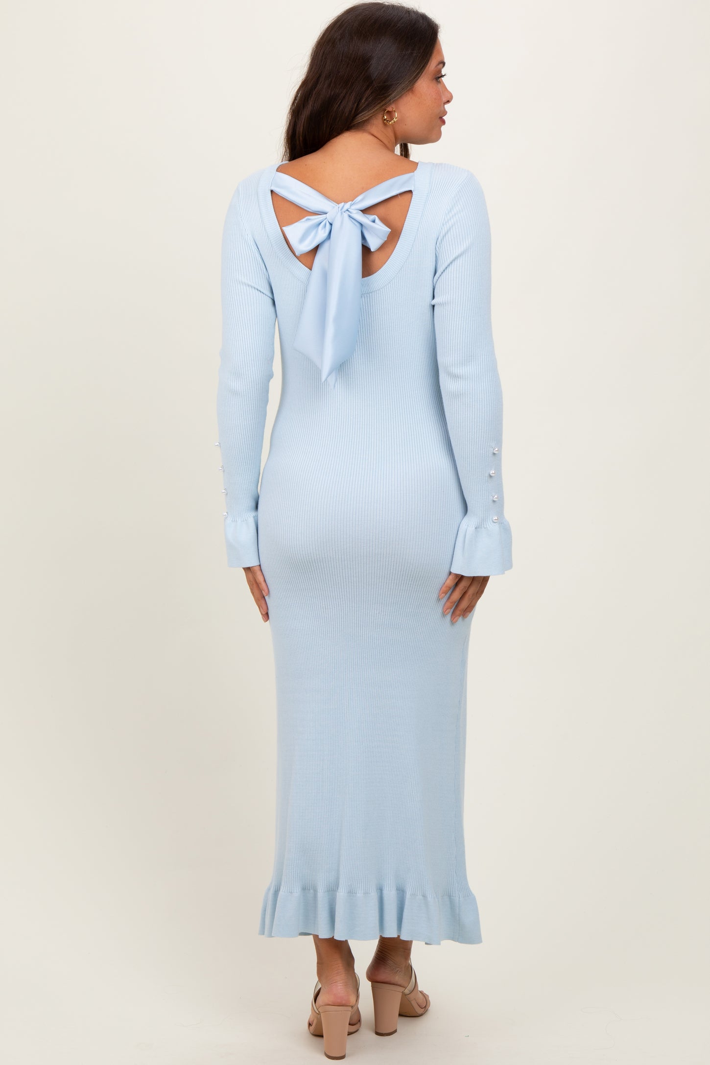 Light Blue Ribbed Knit Bow Back Maternity Maxi Dress