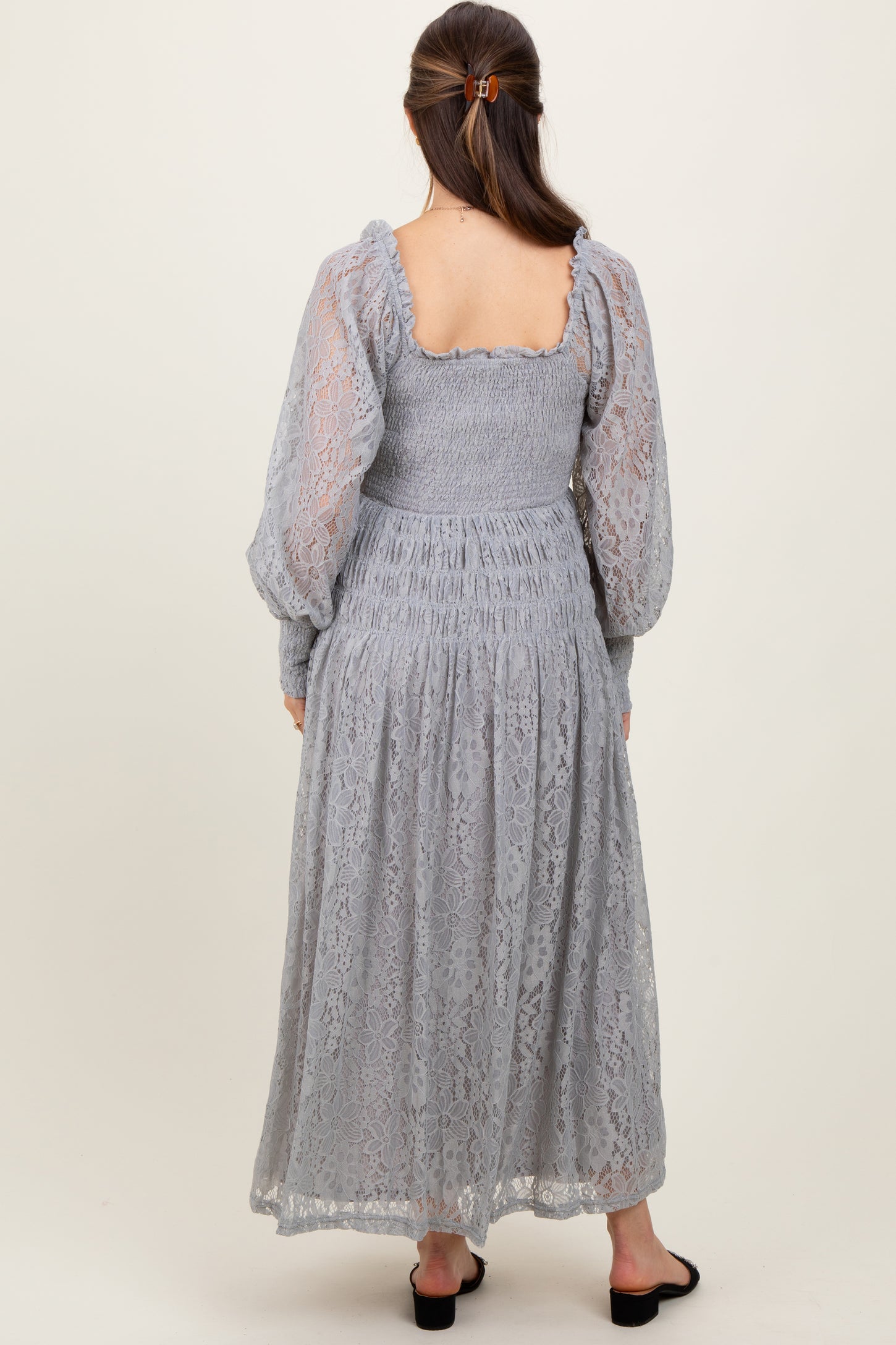 Heather Grey Lace Smocked Bubble Sleeve Maternity Maxi Dress