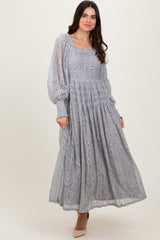 Heather Grey Lace Smocked Bubble Sleeve Maxi Dress