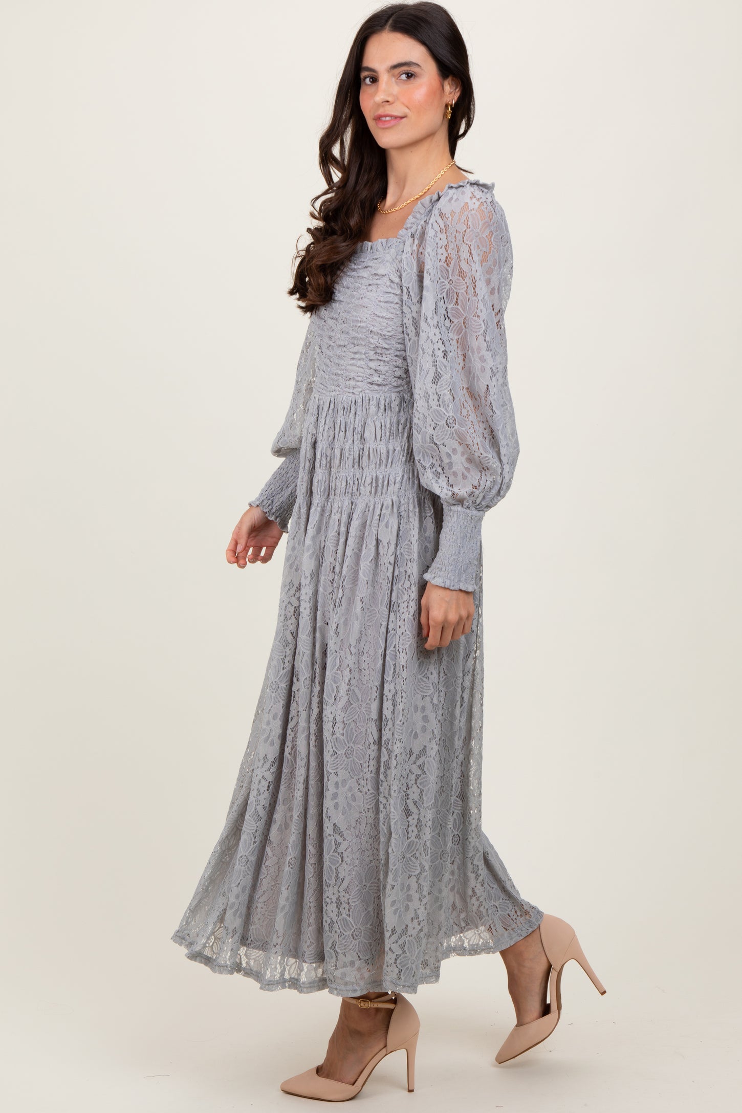 Heather Grey Lace Smocked Bubble Sleeve Maternity Maxi Dress