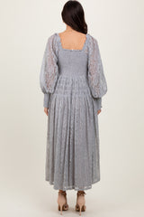 Heather Grey Lace Smocked Bubble Sleeve Maxi Dress