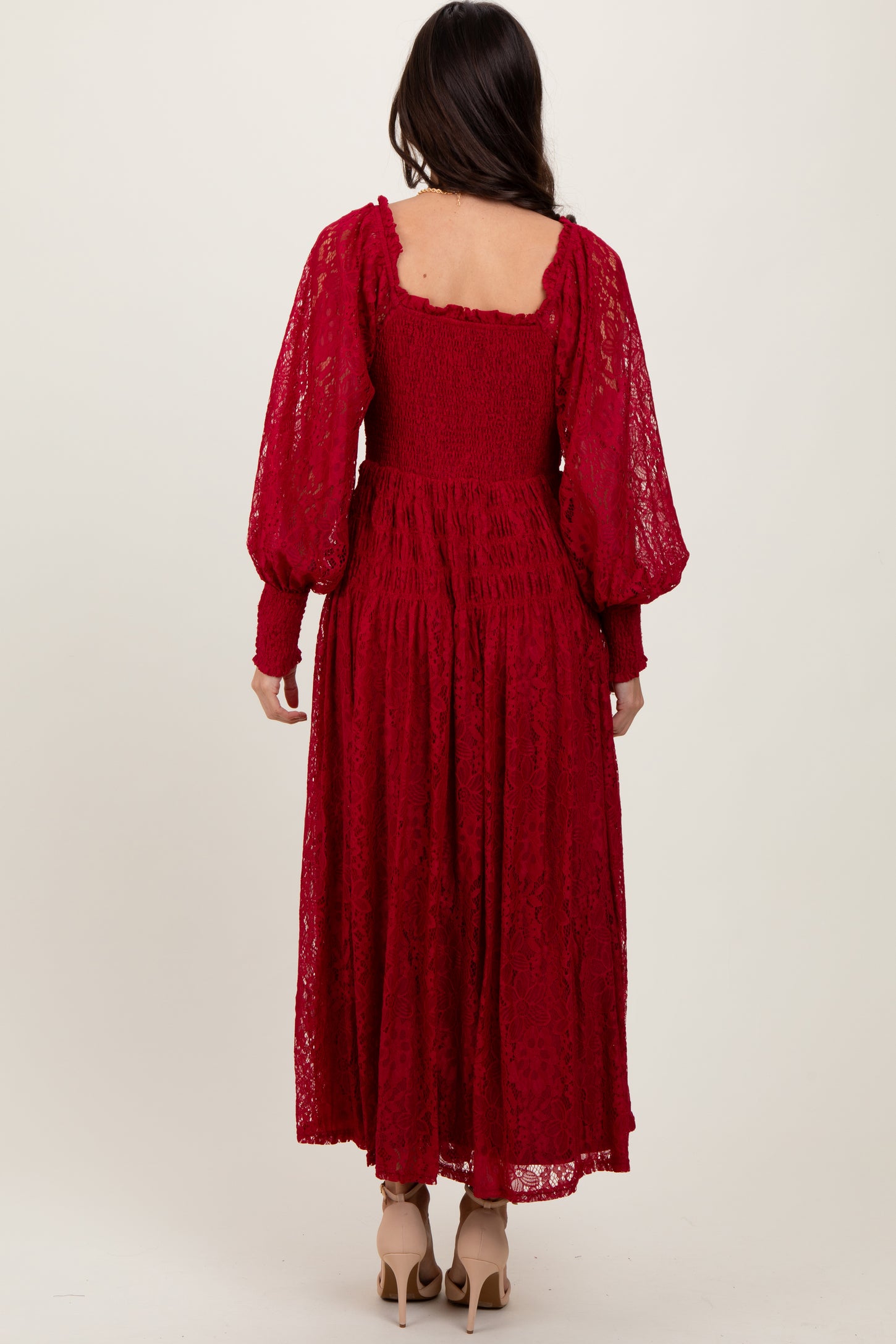 Burgundy Lace Smocked Bubble Sleeve Maxi Dress