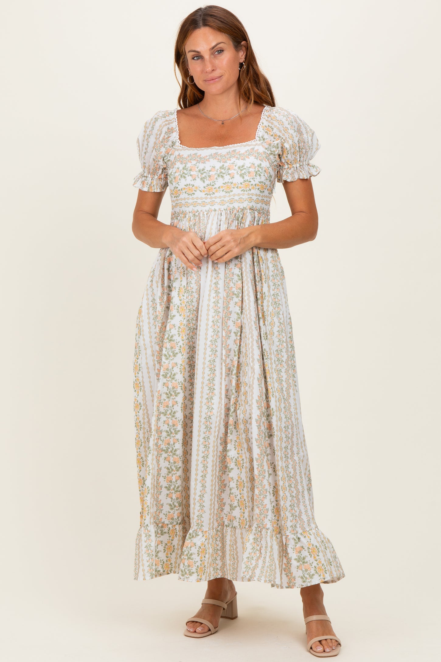 Peach Floral Puff Sleeve Lace Trim Maxi Dress