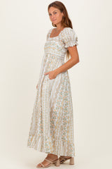 Peach Floral Puff Sleeve Lace Trim Maxi Dress