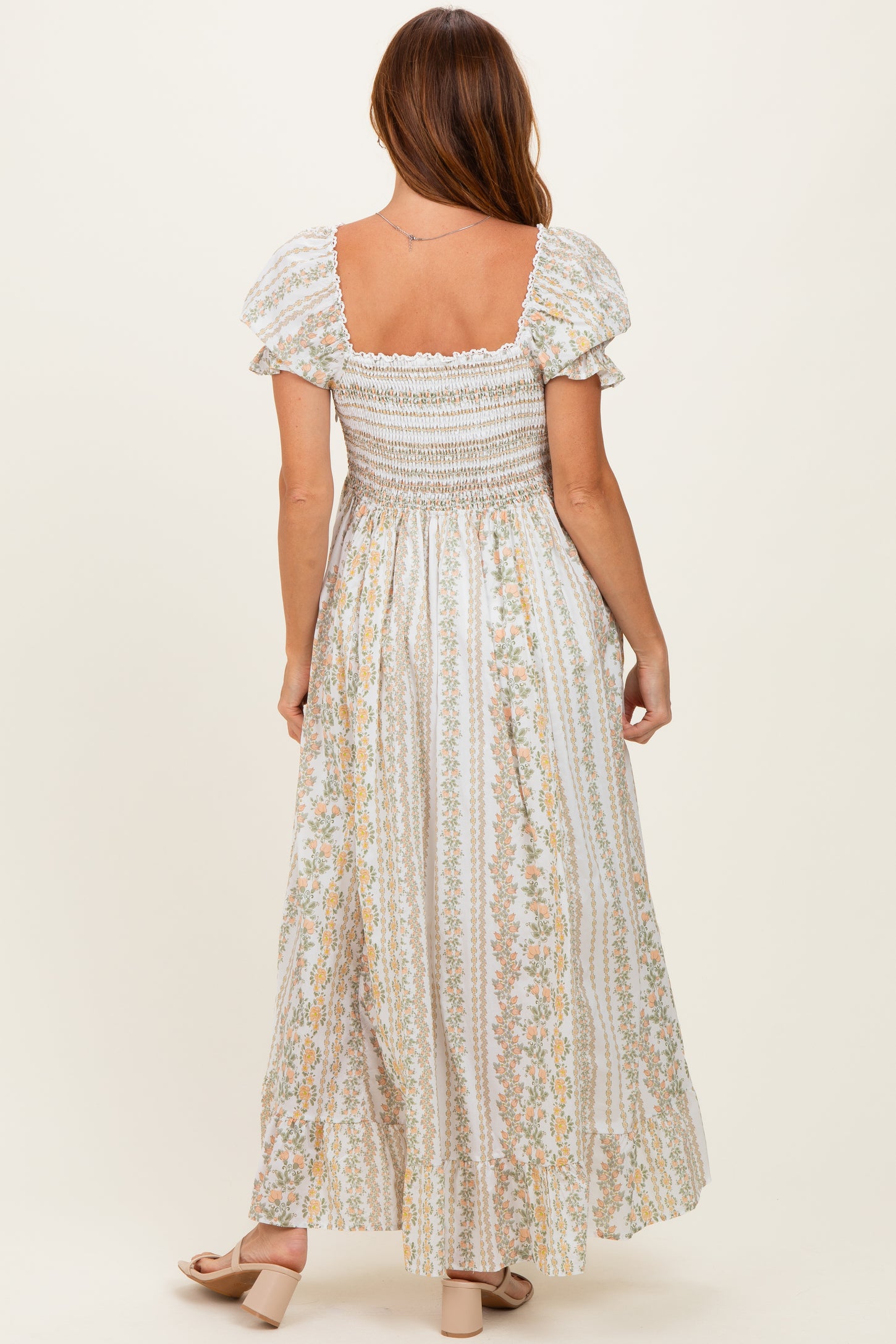 Peach Floral Puff Sleeve Lace Trim Maxi Dress
