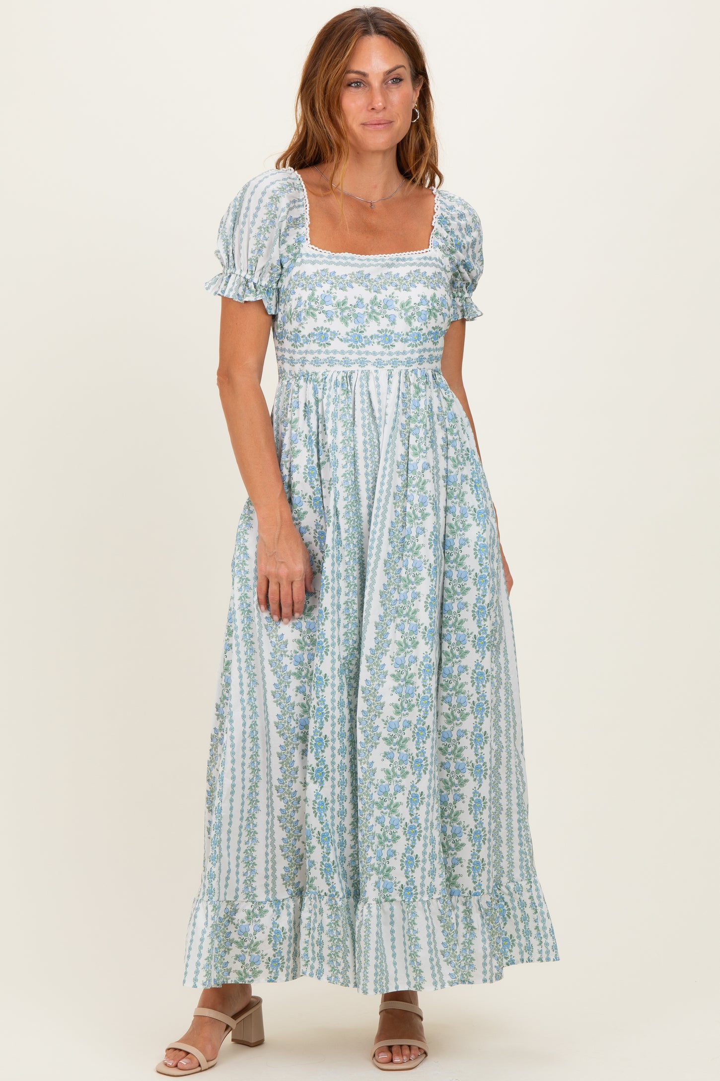 Light Blue Floral Puff Sleeve Lace Trim Maternity Maxi Dress